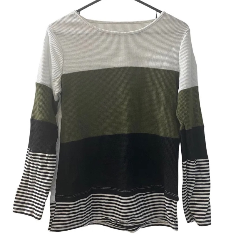 SHEIN Colorblock Waffle Knit Striped Panel Long Sleeve Top Women’s Size Small - Picture 2 of 8